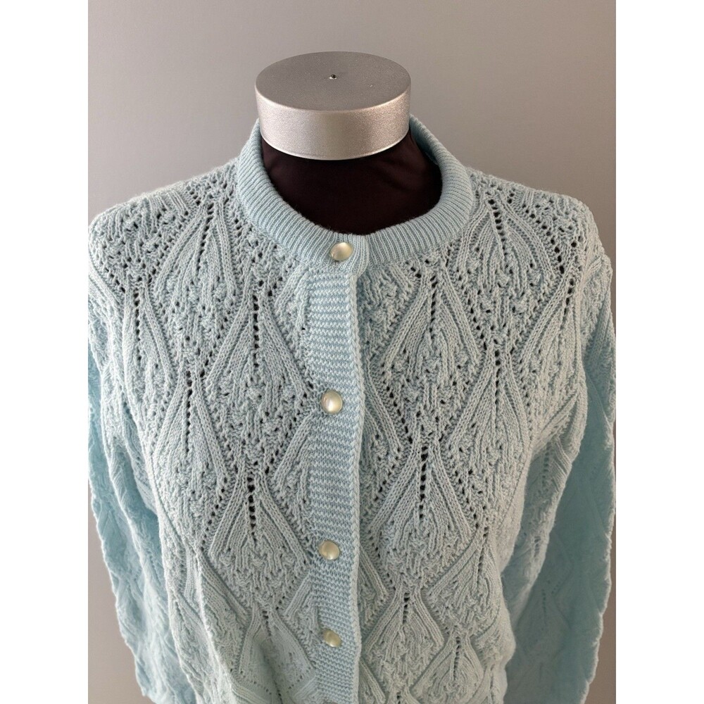 Vintage Grannycore Knit Cardigan Sweater Size L Baby Blue Scallop Billy Jo